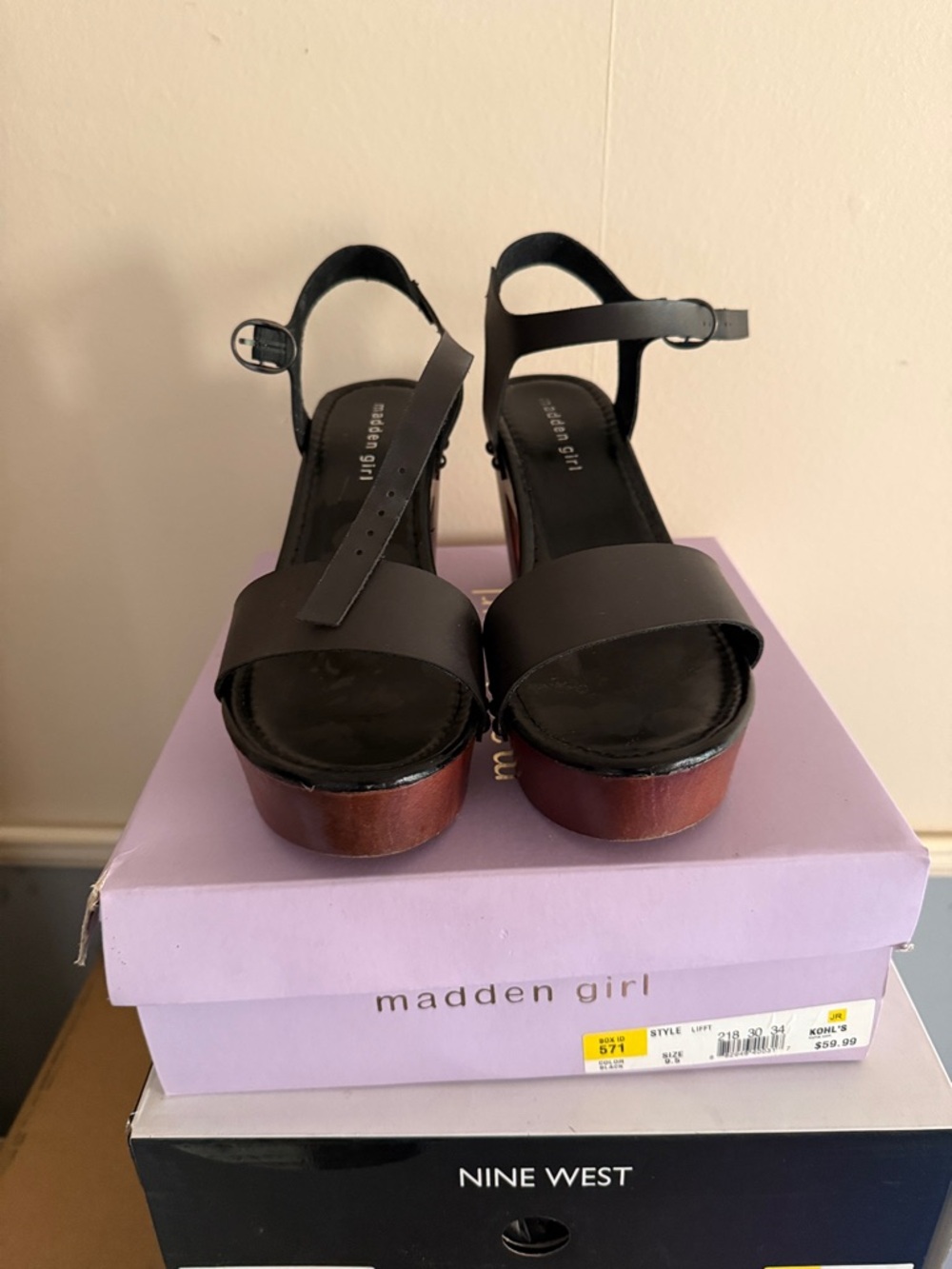 Madden Girl Black Platform Ankle-Strap Sandals with Wood-Look Sole